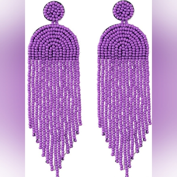 Long Lavender 4.5" Art Deco Oversized Earrings New Beaded Bohemian Tassel Fringe - Picture 6 of 6